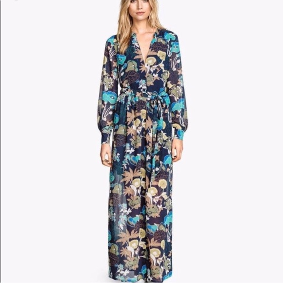 H&M CONSCIOUS Navy Blue & Green Boho Floral Button Down Chiffon Maxi Dress 2 - Picture 5 of 13